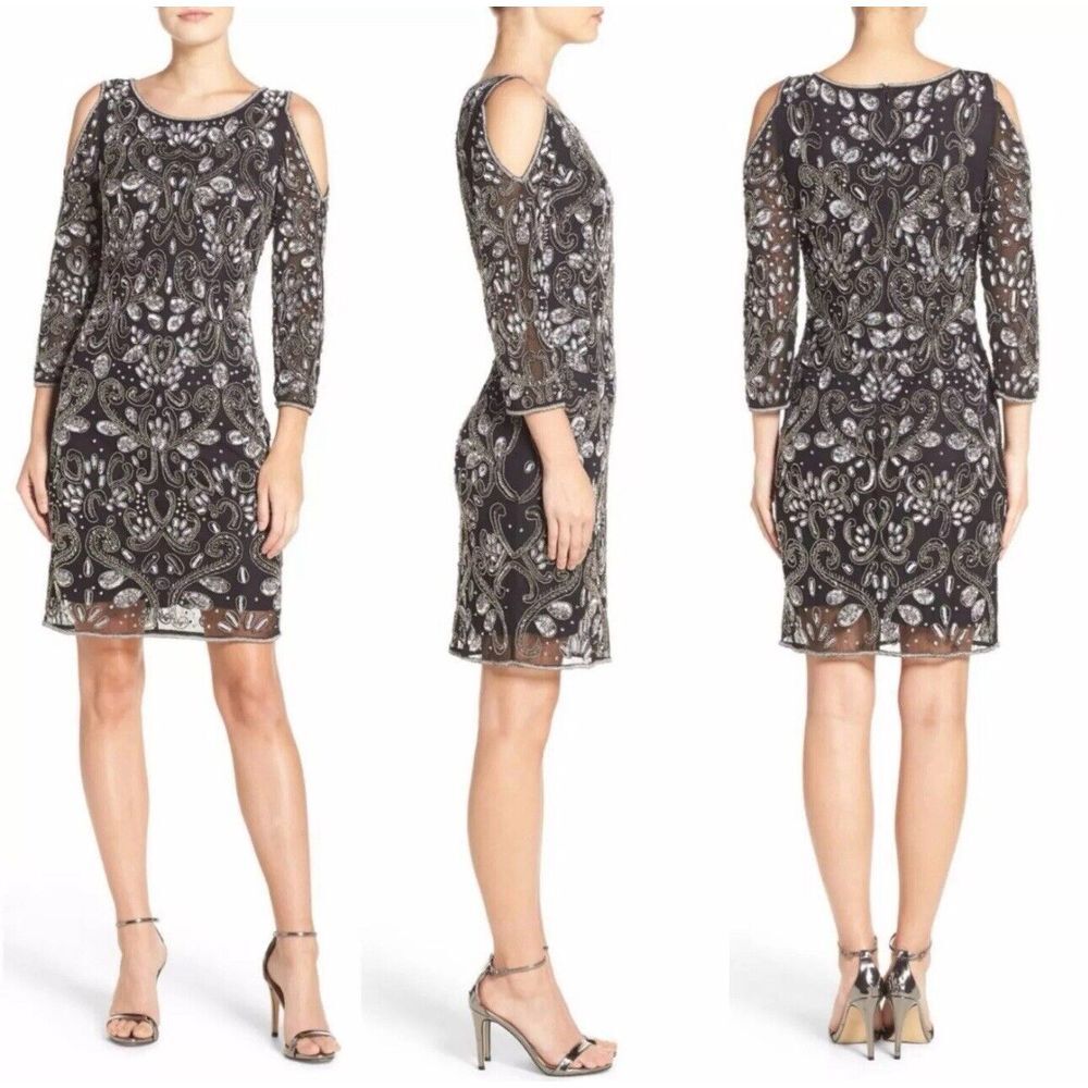 Pisarro Nights Embellished Mesh Cold Shoulder Sheath Dress Sequins Beaded Size 2
